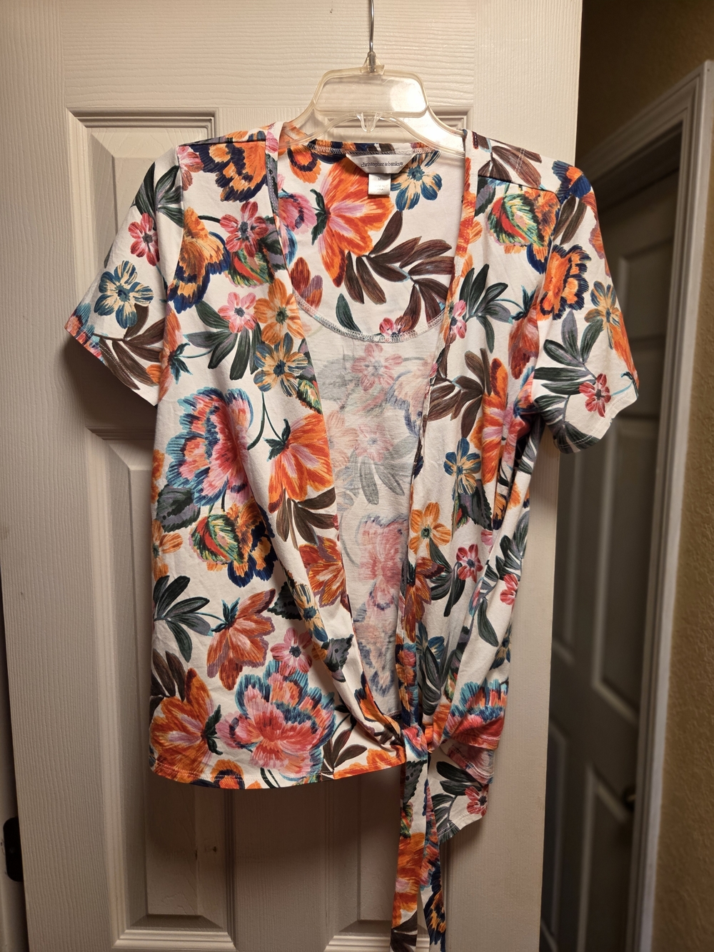 Christopher & Banks White Floral Tie-Front Short Sleeve Top